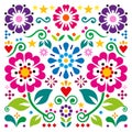 Mexican retro style vector square design with hearts, and flowers - perfect for greeting card or wedding invitaion