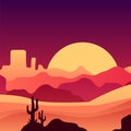 Mexican desert in gradient colors. Landscape with rocky mountains, cactus plants and sunset sky. Vector design for Royalty Free Stock Photo