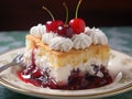 Mexican dessert Pastel de Tres Leches decorated with whipped cream, cherries