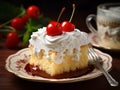 Mexican dessert Pastel de Tres Leches decorated with whipped cream, cherries