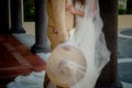 Mexican destination charro wedding portrait, bride and charro groom sepia old vintage picture with hat Royalty Free Stock Photo