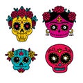 Mexican Dia de los Muertos - Day of the Dead - sugar skulls set. Cute heads with flowers. Simple vector illustration in Royalty Free Stock Photo