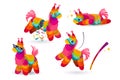 Mexican donkey pinata and bat, colorful toys set