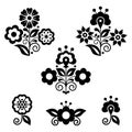 Mexican folk art style vector floral design elements, retro collection inspired by traditional embroidery in black and white