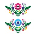 Mexican traditional folk art style vector floral two design set, colorful pattern inspired by embroidery from Mexico