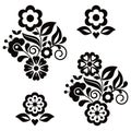 Mexican folk art style vector pattern set with flowers leaves and heart, black and white greeting card on invitation design elemen