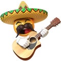 Mexican emoji playing guitar isolated on white background, emoticon mariachi with sombrero and mustache 3d rendering