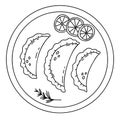 Mexican Empanadas on plate with lime slices. Vector linear hand drawing mexican food in doodle style. Latin American