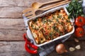 Mexican enchilada in a baking dish horizontal top view