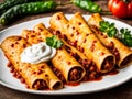 Mexican enchiladas with chicken, vegetables, corn, beans, tomato sauce and cheese Royalty Free Stock Photo