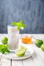 Mexican Energizing drink, Chia Fresca made from water, seeds, lime and sweetened with honey with copy space