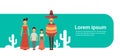Mexican Family With Two Children Wear Traditional Clothes Cactus Banner With Copy Space