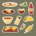 Mexican fast food isolated vector sticker set. Tortillas and dishes with spicy sauce or guacamole.