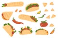 Mexican fast food set. Burrito, taco, nacho. Traditional culture cuisine tortilla with meet, salad, pepper vegetables. Vector flat Royalty Free Stock Photo