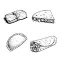 Mexican fast food set. Hand drawn sketch style. Tamales, Empanadas, Burritos and Quesadillas. Best for menu design and package. Ve