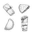 Mexican fast food set. Hand drawn sketch style. Tamales, Empanadas, Burritos and Quesadillas. Best for menu design and package. Ve