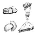 Mexican fast food set. Hand drawn sketch style. Tamales, Empanadas, Burritos and Quesadillas. Best for menu design and package. Ve