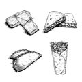 Mexican fast food set. Hand drawn sketch style. Tamales, Empanadas, Burritos and Quesadillas. Best for menu design and package. Ve