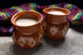 Mexican fermented beverage called pulque on a gray background