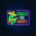 Mexican festival flyer design with guitar, cactus and sombrero hat. Glowing neon sinco de mayo holiday sign. Royalty Free Stock Photo