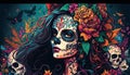Mexican festival known as Day of the Dead with maxican girl wearing carnival mask, Generative ai