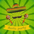 Mexican Fiesta Party Invitation with maracas, sombrero and mustache. Hand drawn vector illustration Royalty Free Stock Photo