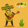 Mexican Fiesta Party Invitation with Mexican man playing the guitar in a sombrero and cactuse. Hand drawn vector illustration post Royalty Free Stock Photo