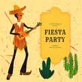 Mexican Fiesta Party Invitation with Mexican man playing the guitar in a sombrero and cactuses. Hand drawn vector illustration