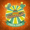 Mexican Fiesta Party label with sombrero and cactuses .Hand drawn vector illustration poster with grunge background. Royalty Free Stock Photo