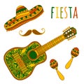Mexican Fiesta Party. Maracas, sombrero, mustache and guitar. Royalty Free Stock Photo