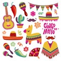 Mexican fiesta set. Cinco de mayo party elements sombrero, pinata and chili pepper, guitar vector collection Royalty Free Stock Photo