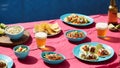 Mexican fiesta with tacos salsa beer on a vibrant pink table against a blue background Generative AI