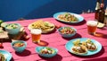 Mexican fiesta with tacos salsa beer on a vibrant pink table against a blue background Generative AI