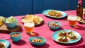 Mexican fiesta with tacos salsa beer on a vibrant pink table against a blue background Generative AI