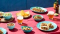 Mexican fiesta with tacos salsa beer on a vibrant pink table against a blue background Generative AI