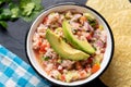 Mexican fish ceviche with avocado on dark background