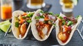 Mexican fish tacos in metal tray with hot sauce Royalty Free Stock Photo