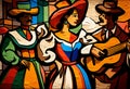 Mexican Flamenco dancers celebrating Cinco de Mayo which is Mexico independence day in an abstract cubist style painting