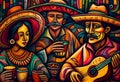 Mexican Flamenco dancers celebrating Cinco de Mayo which is Mexico independence day in an abstract cubist style painting