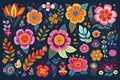 Mexican flowers and florals vector set of bright colorful blooming plants with Mexico ethnic or folk ornaments. Blossoms, Royalty Free Stock Photo