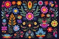 Mexican flowers and florals vector set of bright colorful blooming plants with Mexico ethnic or folk ornaments. Blossoms, Royalty Free Stock Photo