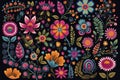 Mexican flowers and florals vector set of bright colorful blooming plants with Mexico ethnic or folk ornaments. Blossoms, Royalty Free Stock Photo