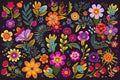 Mexican flowers and florals vector set of bright colorful blooming plants with Mexico ethnic or folk ornaments. Blossoms, Royalty Free Stock Photo