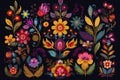 Mexican flowers and florals vector set of bright colorful blooming plants with Mexico ethnic or folk ornaments. Blossoms, Royalty Free Stock Photo