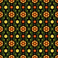 Mexican folk art seamless pattern with flowers on dark background. Traditional design for fiesta party. Colorful floral