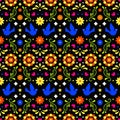 Mexican folk art seamless pattern with flowers, leaves and birds on white background. Traditional design for fiesta Royalty Free Stock Photo