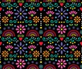 Mexican folk art seamless vector pattern, colorful design with flowers wallpaper inspired by traditional designs from Mexico