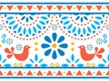 Mexican folk art vector long seamless pattern with birds and flowers, textile or greeting card design inspired by traditional art Royalty Free Stock Photo