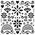 Mexican folk art vector pattern, black and white design with flowers greeting card inspired by traditional designs from Mexico