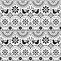 Mexican folk art vector seamless pattern with birds and flowers, black and white fiesta design inspired by traditional art form Me Royalty Free Stock Photo